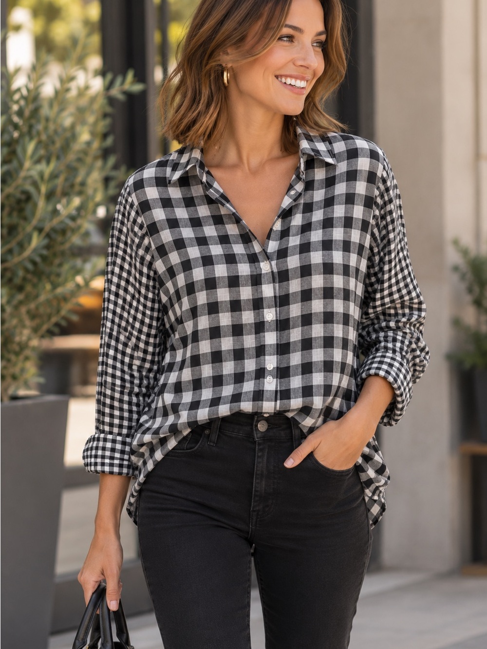 Calvin Klein Black & White Gingham Button-Down Shirt